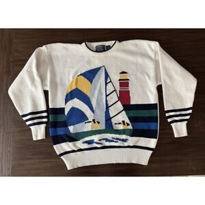Vintage Sweater Regatta Sailboat Lighthouse Crewneck 90s C.F. Hathaway Retro